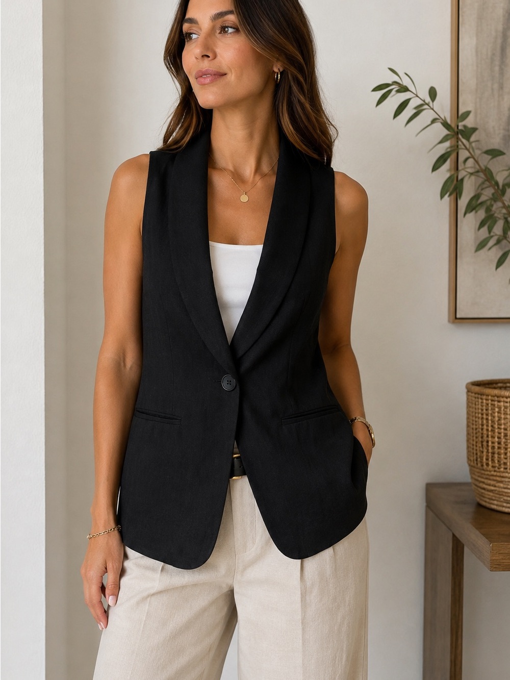 Melanie Lyne Classic Black Sleeveless Blazer Vest Size 0 Linen Blend Minimalist